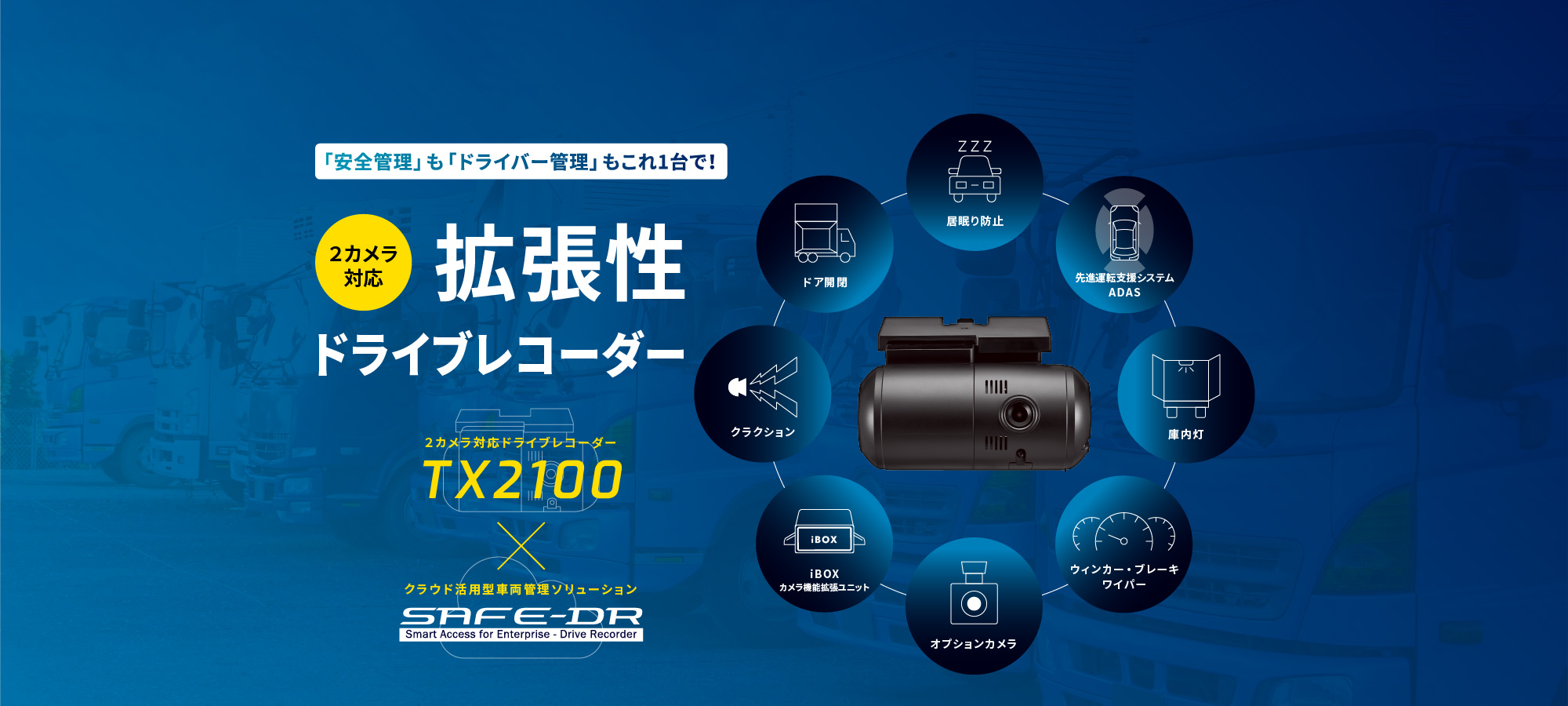 東海クラリオン株式会社 TOKAI CLARION,LTD 「安全管理」も「ドライバー管理」もこれ1台で！ 2カメラ対応 拡張性ドライブレコーダー 2カメラ対応ドライブレコーダー TX2100 クラウド活用型車両管理ソリューション SAFE-DR Smart Access for Enterprise - Drive Recorder 居眠り防止 先進運転支援システムADAS 庫内灯 ウィンカー・ブレーキワイパー オプションカメラ iBOXカメラ機能拡張ユニット クラクション ドア開閉 