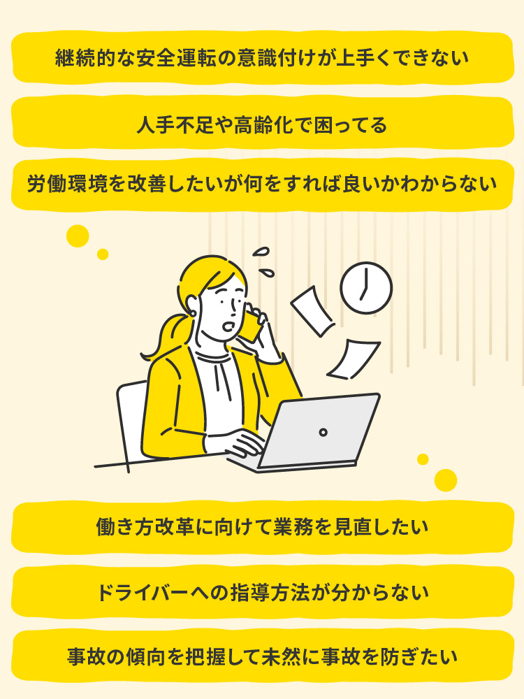 労働環境を改善したいが何をすれば良いかわからない 人手不足や高齢化で困ってる 継続的な安全運転の意識付けが上手くできない 働き方改革に向けて業務を見直したい 事故の傾向を把握して未然に事故を防ぎたい ドライバーへの指導方法が分からない